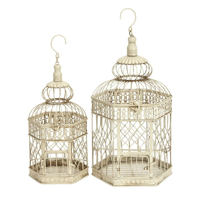 DecMode Cream Vintage Metal Birdcage with Crisscross Vertical Bars and Floral Embossed Design, Set of 2 21", 18"H