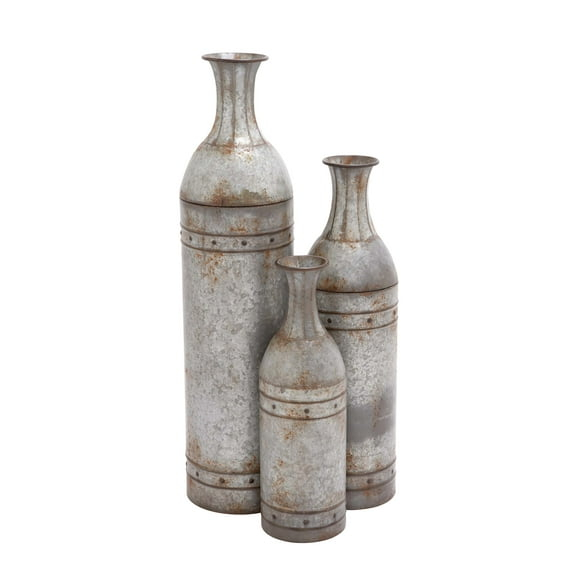 DecMode Farmhouse Cylinder Shape Extra Large Silver Distressed Metal Floor Vases, Set of 3, 43", 33", 25"H