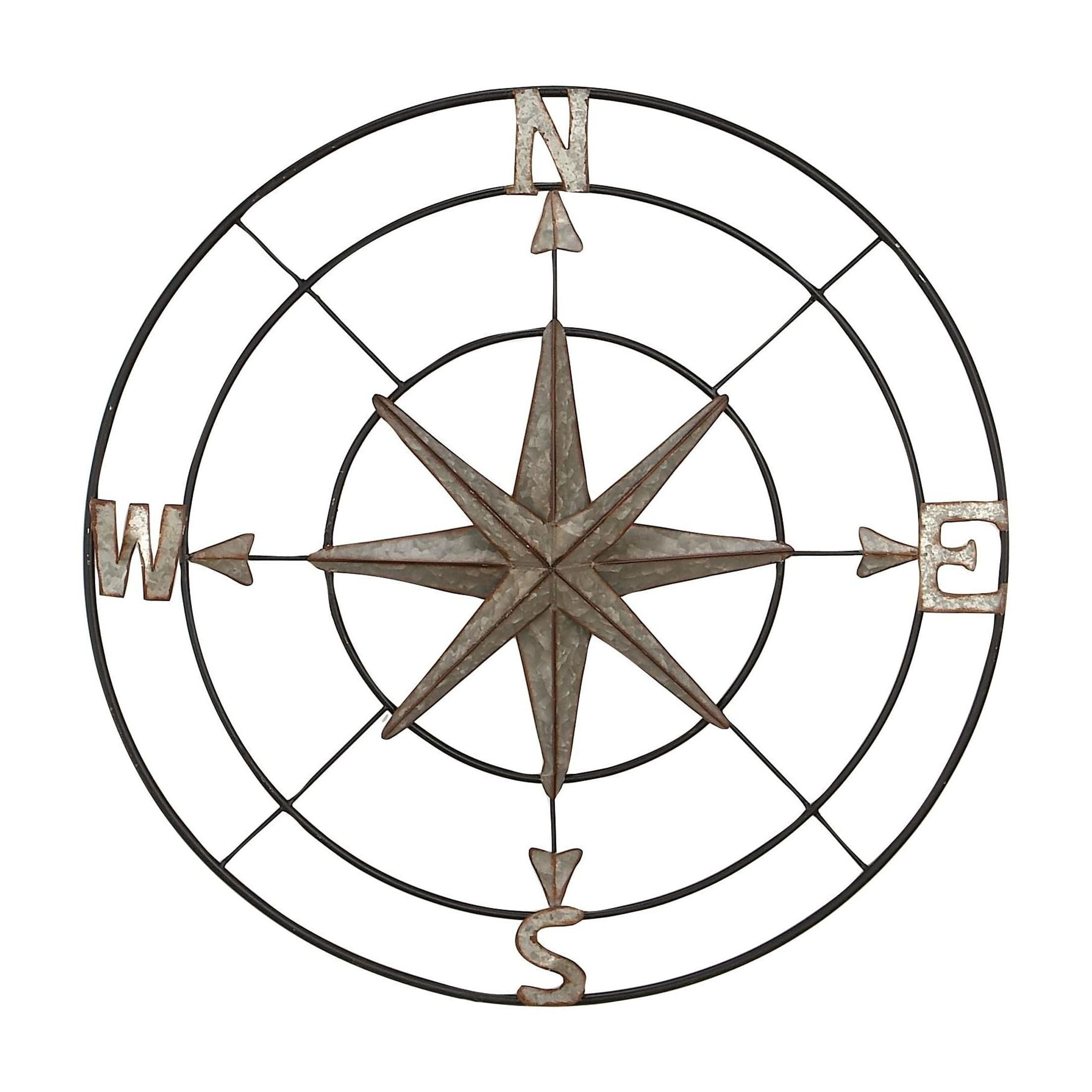 DecMode Farmhouse Metal Compass Shaped with 3D 8 Point Star Wall Décor, 32"D with Metallic Silver Galvanized Finish