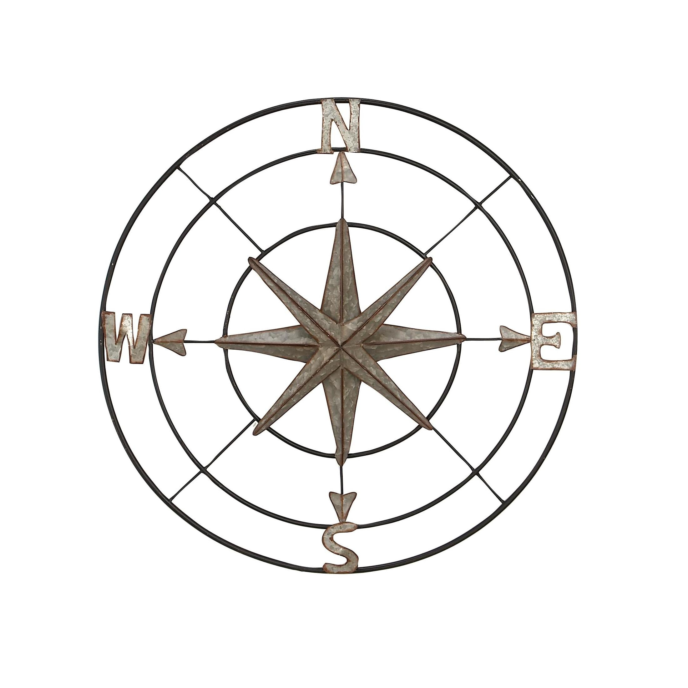 DecMode Farmhouse Metal Compass Shaped with 3D 8 Point Star Wall Décor, 32"D with Metallic Silver Galvanized Finish