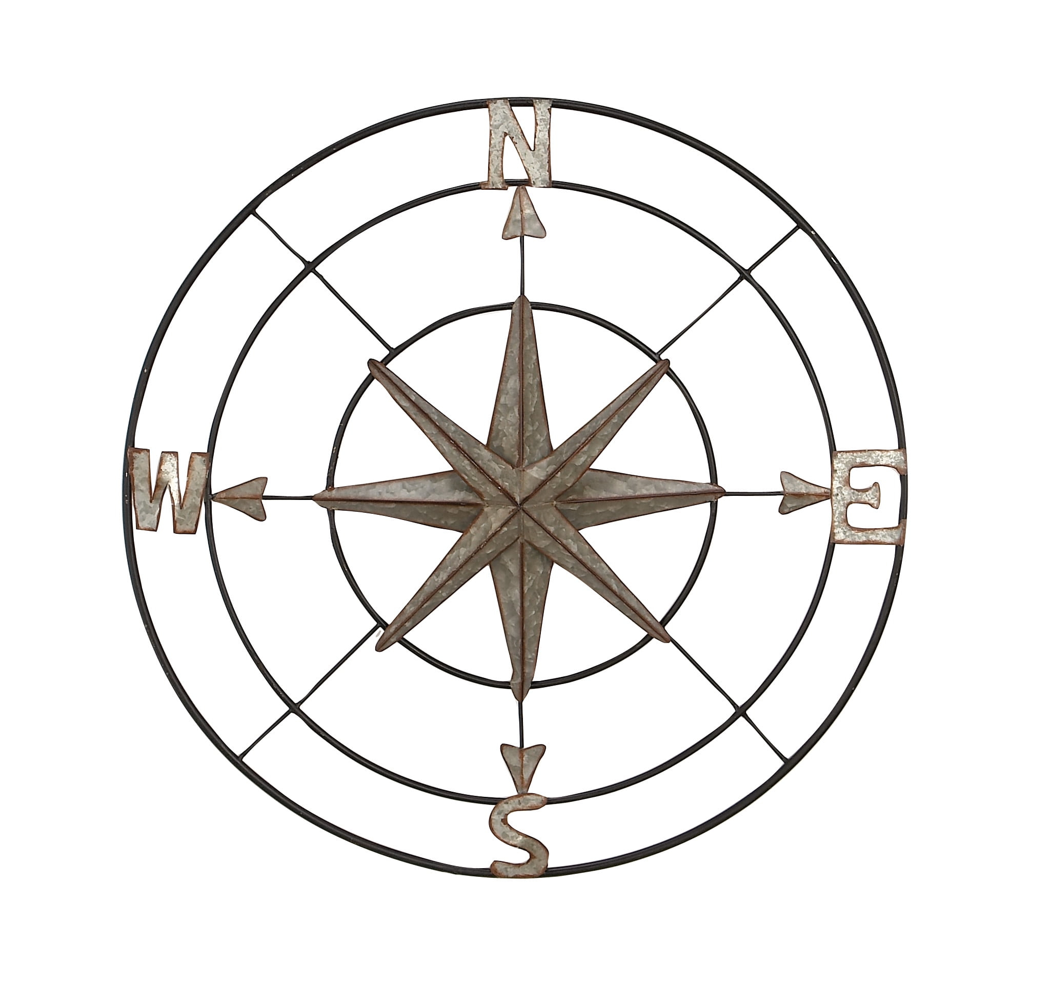 DecMode Farmhouse Metal Compass Shaped with 3D 8 Point Star Wall Décor, 32"D with Metallic Silver Galvanized Finish