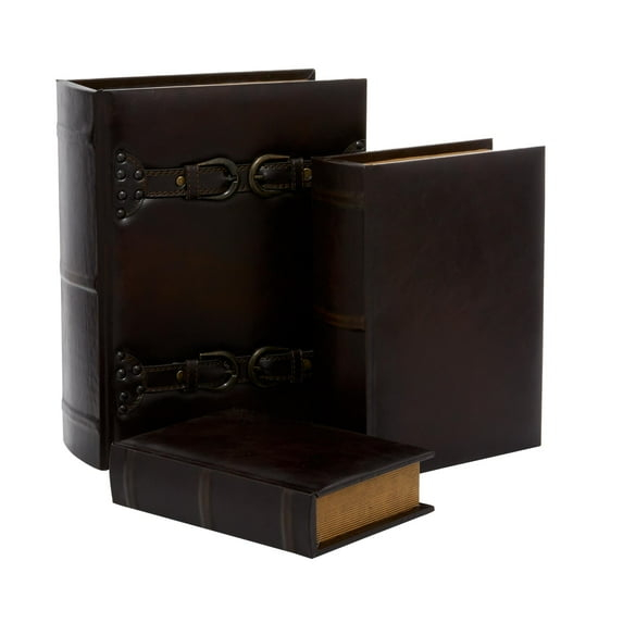 DecMode Vintage Faux Book Storage Dark Brown Faux Leather Decorative Box with Gold Buckle Accents, 3 Count