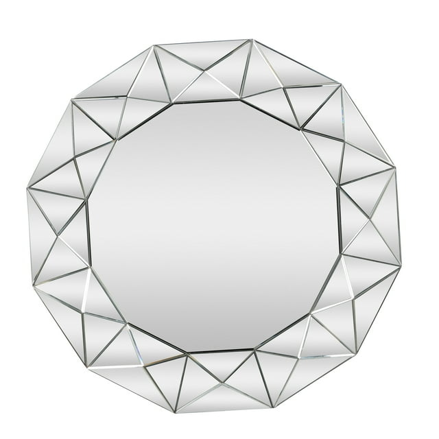 DecMode Glam Glass Silver Round Wall Mirror with Triangular Patterns, 40"D