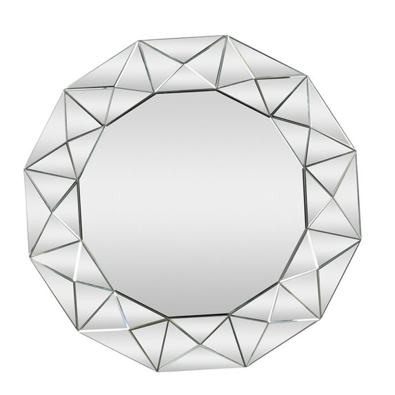 DecMode Glam Glass Silver Round Wall Mirror with Triangular Patterns, 40"D