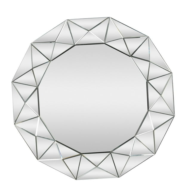 DecMode Glam Glass Silver Round Wall Mirror with Triangular Patterns, 40"D