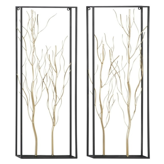 DecMode Gold Metal Branch Tree Wall Decor with Black Frame (2 Count)