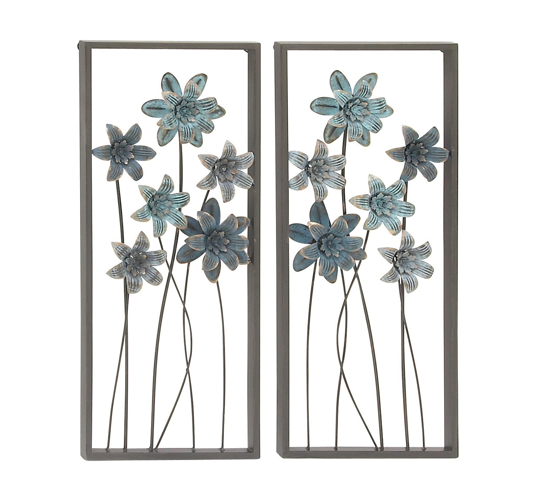 DecMode Gray Metal Floral Wall Decor with Black Frame (2 Count)