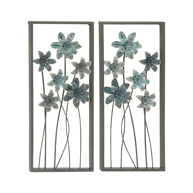 DecMode Gray Metal Floral Wall Decor with Black Frame (2 Count)