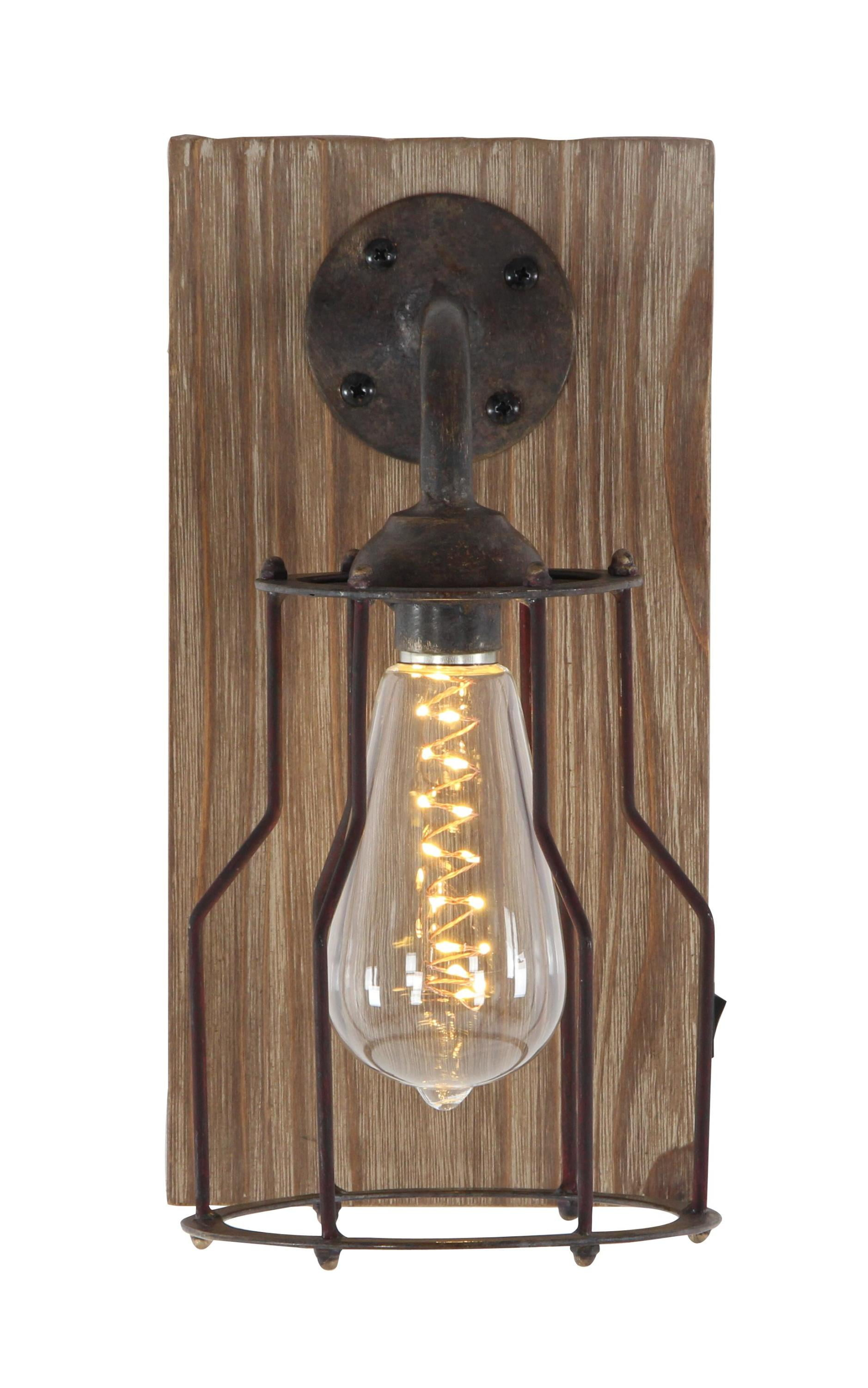 DecMode Industrial Metal Wall Sconce with Wood Backplate and Iron Cage, 6"W x 11"H Features Rustic Brown Finish