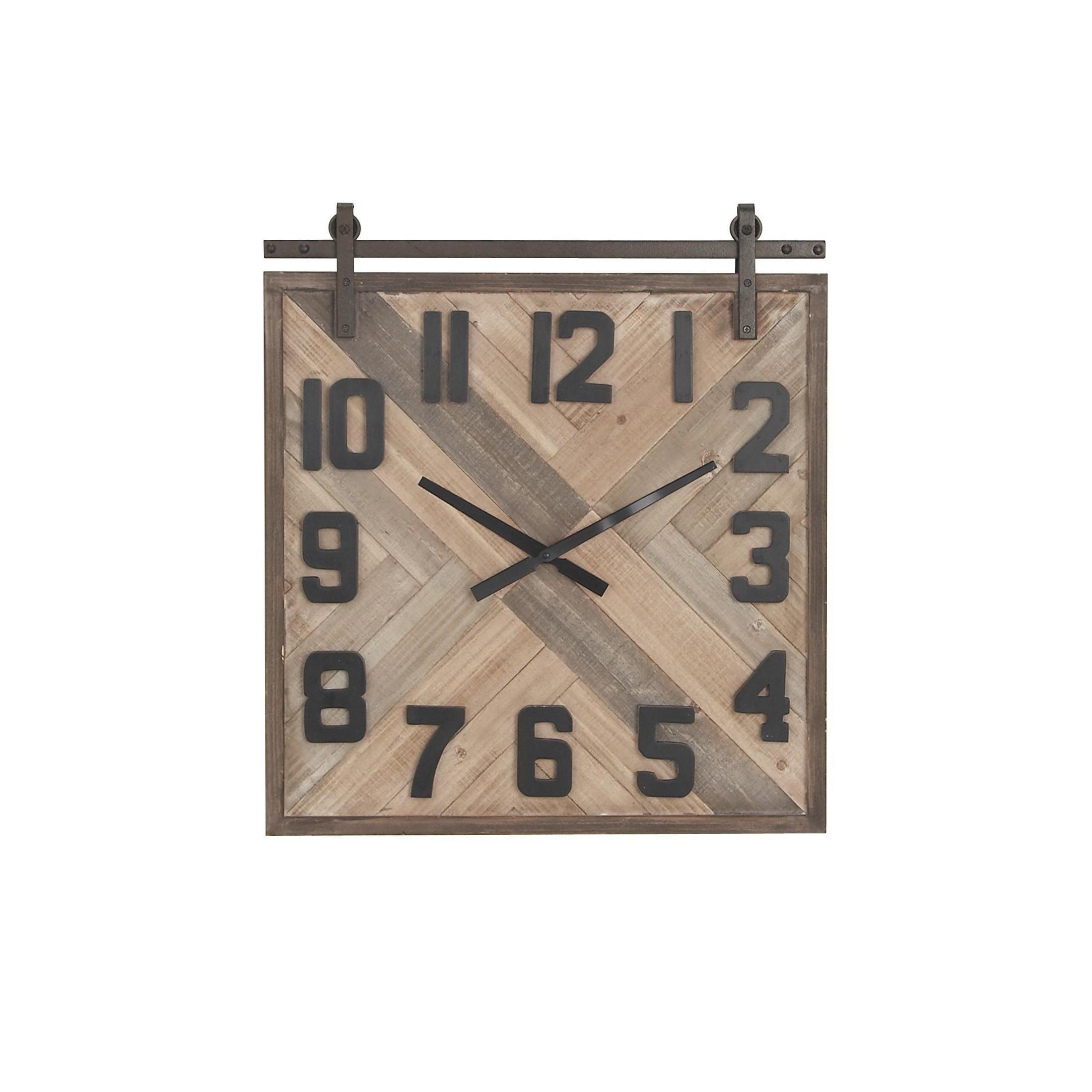 DecMode Reloj de Pared Industrial Esculpido en Madera con Patrón de Tejido y Acabado Marrón, 24"Ancho x 27"Alto