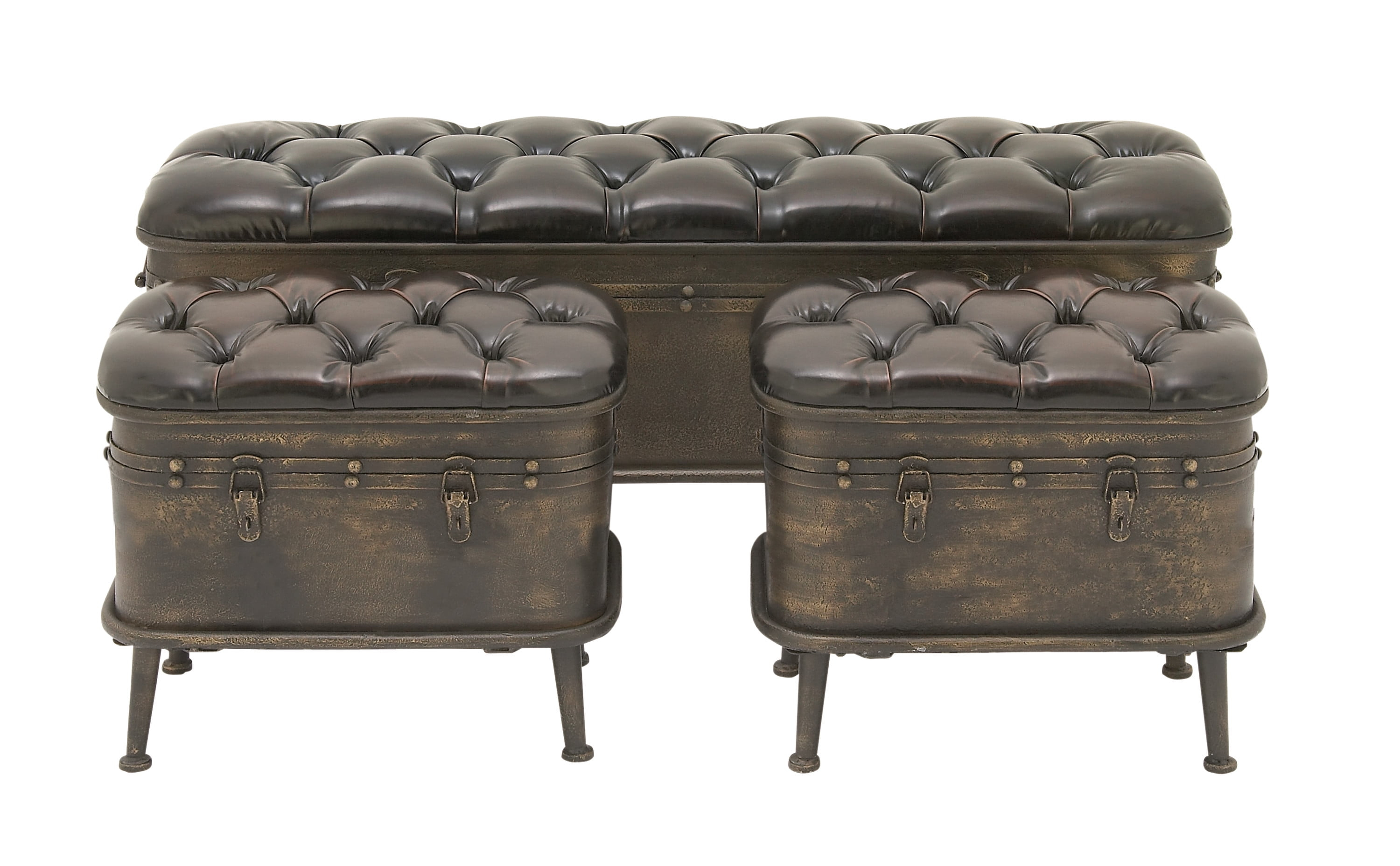 DecMode Metal Storage Bench with Tufted Faux Leather, Brown, Set of 3