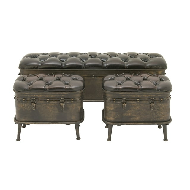 DecMode Metal Storage Bench with Tufted Faux Leather, Brown, Set of 3