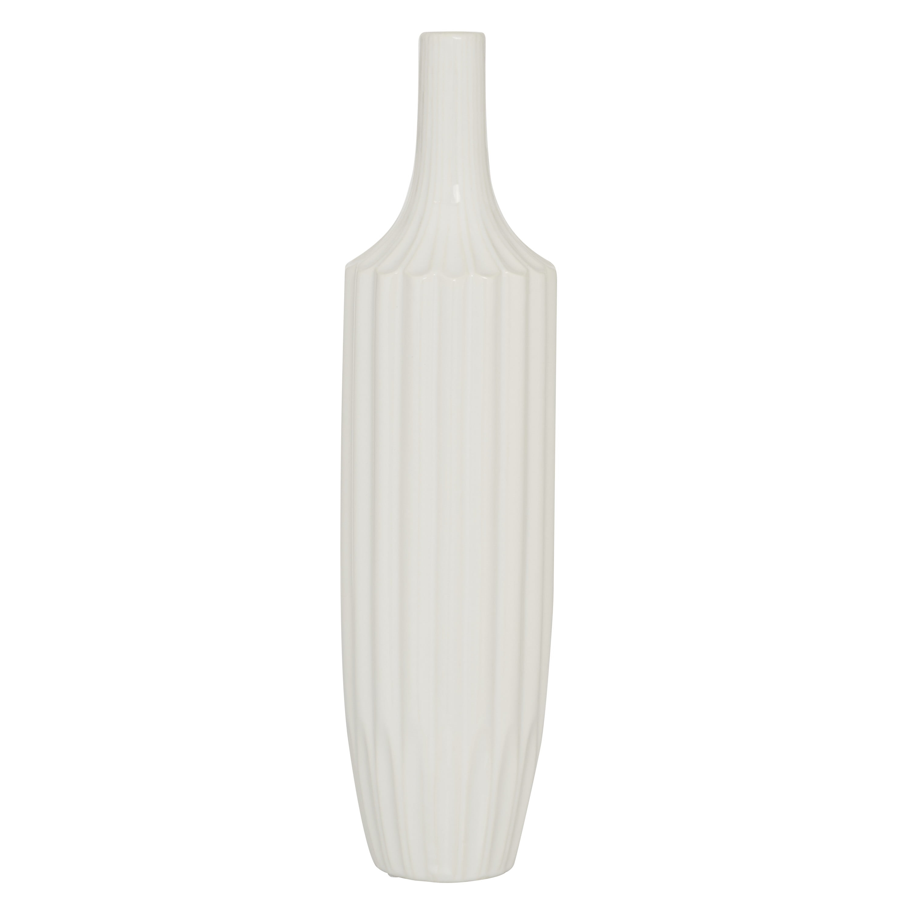 DecMode Modern Ceramic Tall White Decorative Vase with Vertical Groove Pattern 5"W x 19"H