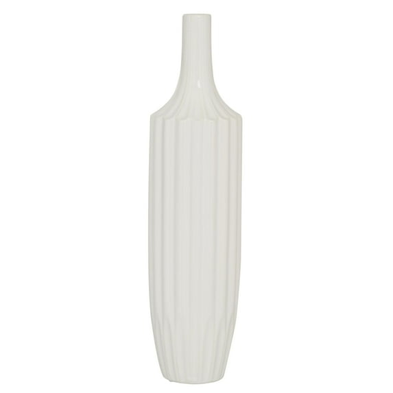 DecMode Modern Ceramic Tall White Decorative Vase with Vertical Groove Pattern 5"W x 19"H