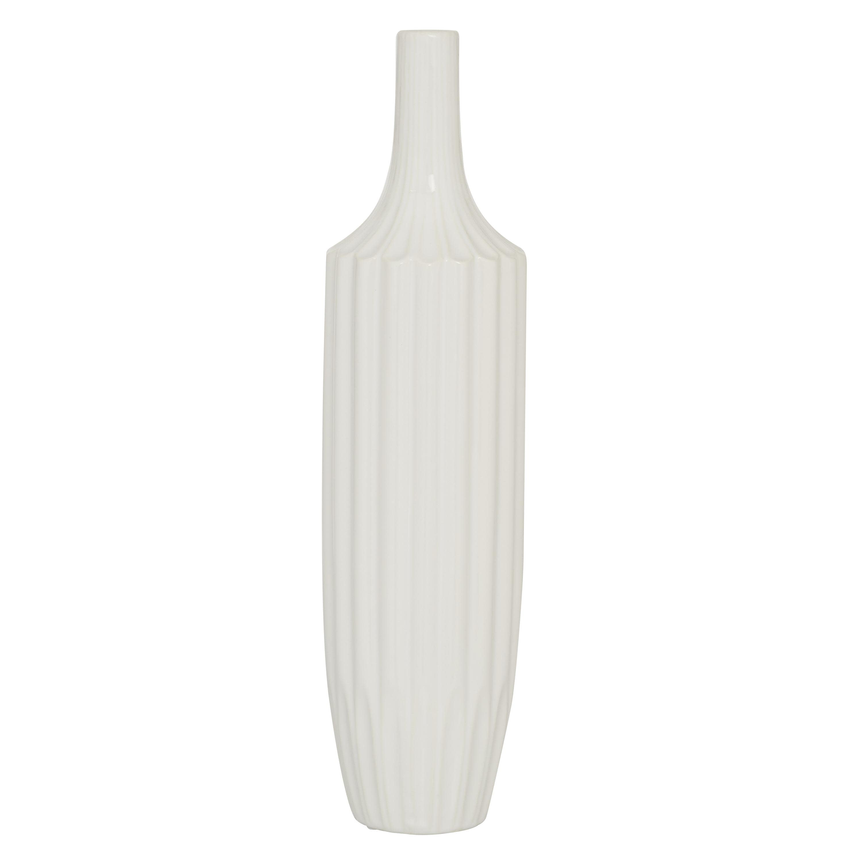 DecMode Modern Ceramic Tall White Decorative Vase with Vertical Groove Pattern 5"W x 19"H