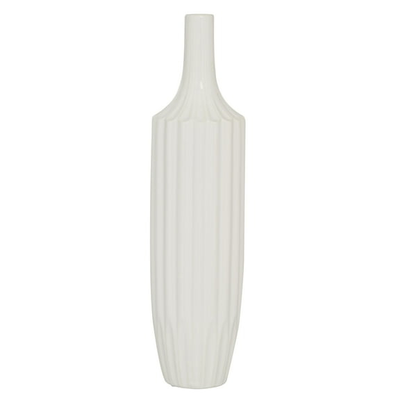 DecMode Modern Ceramic Tall White Decorative Vase with Vertical Groove Pattern 5"W x 19"H