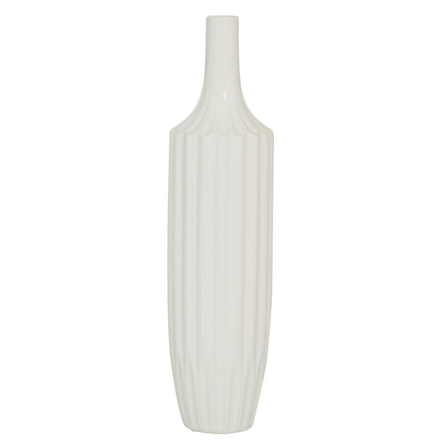 DecMode Modern Ceramic Tall White Decorative Vase with Vertical Groove Pattern 5"W x 19"H
