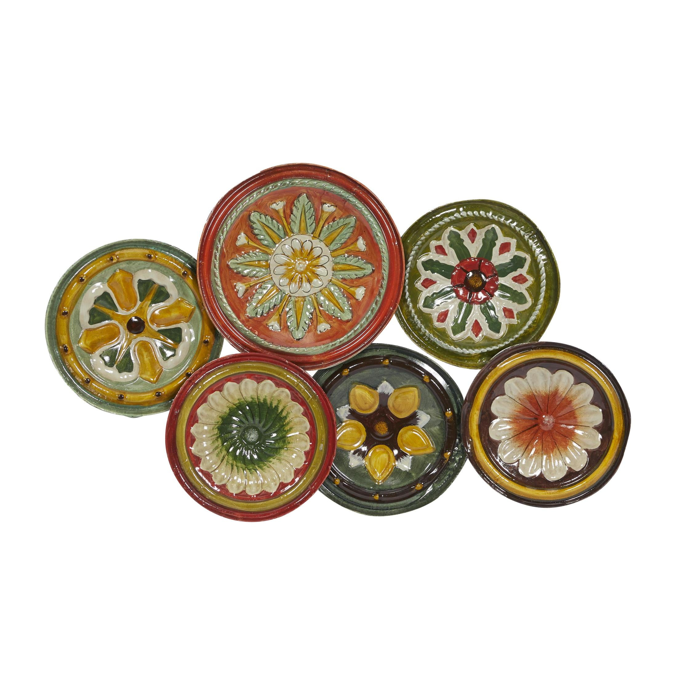 DecMode Rustic Metal Multi Colored Round Plates with Flower Petal Design Wall Decor, 31"W x 19"H