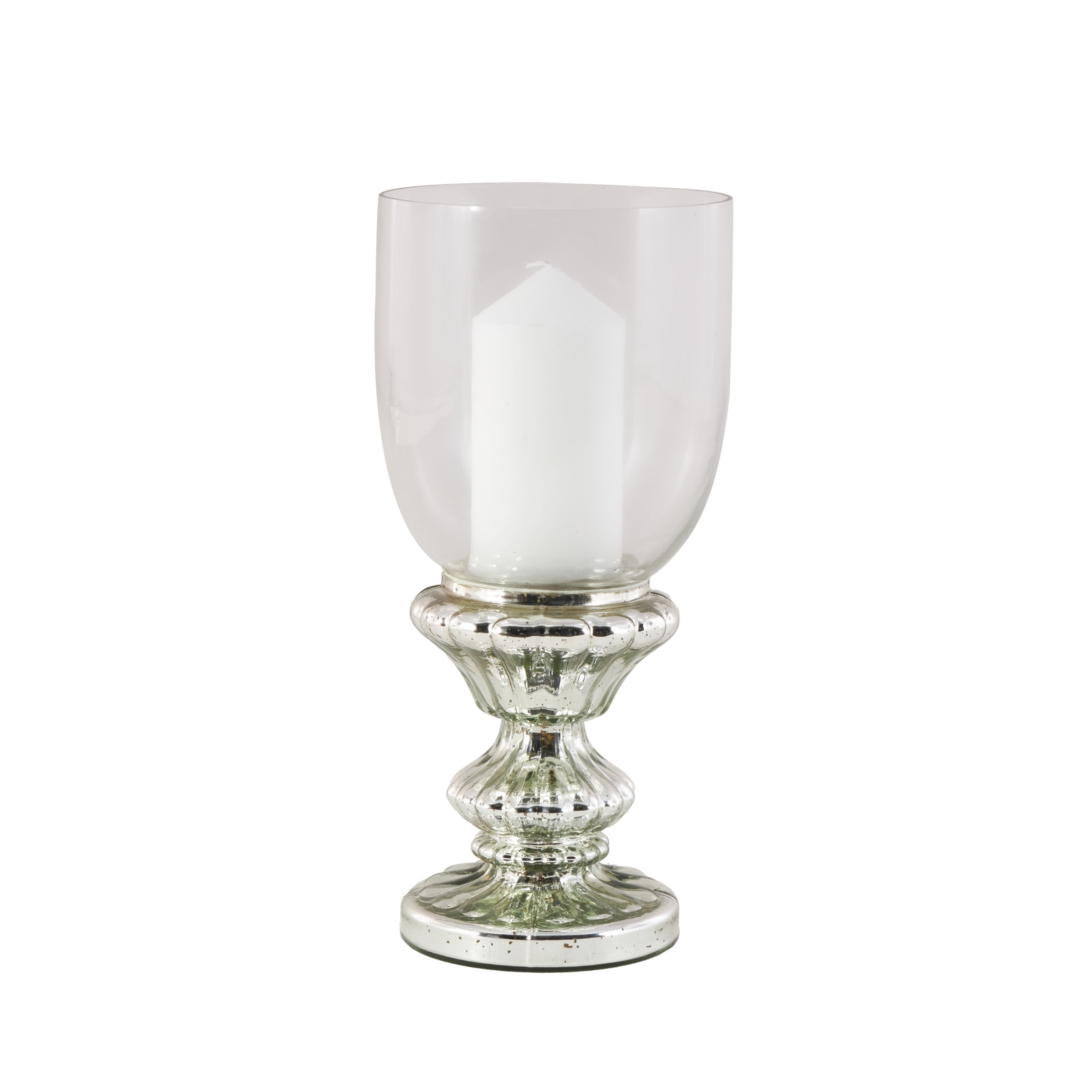 DecMode Silver Glass Handmade Turned Style Pillar Hurricane Lamp with Faux Mercury Glass Finish