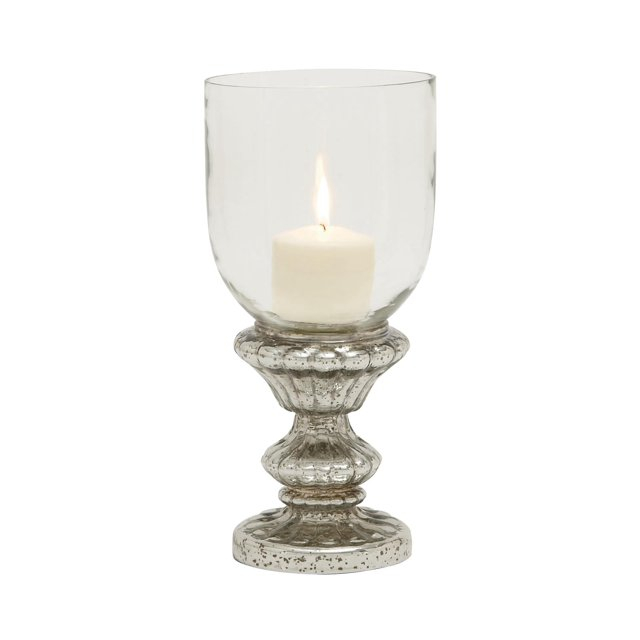 DecMode Silver Glass Handmade Turned Style Pillar Hurricane Lamp with Faux Mercury Glass Finish