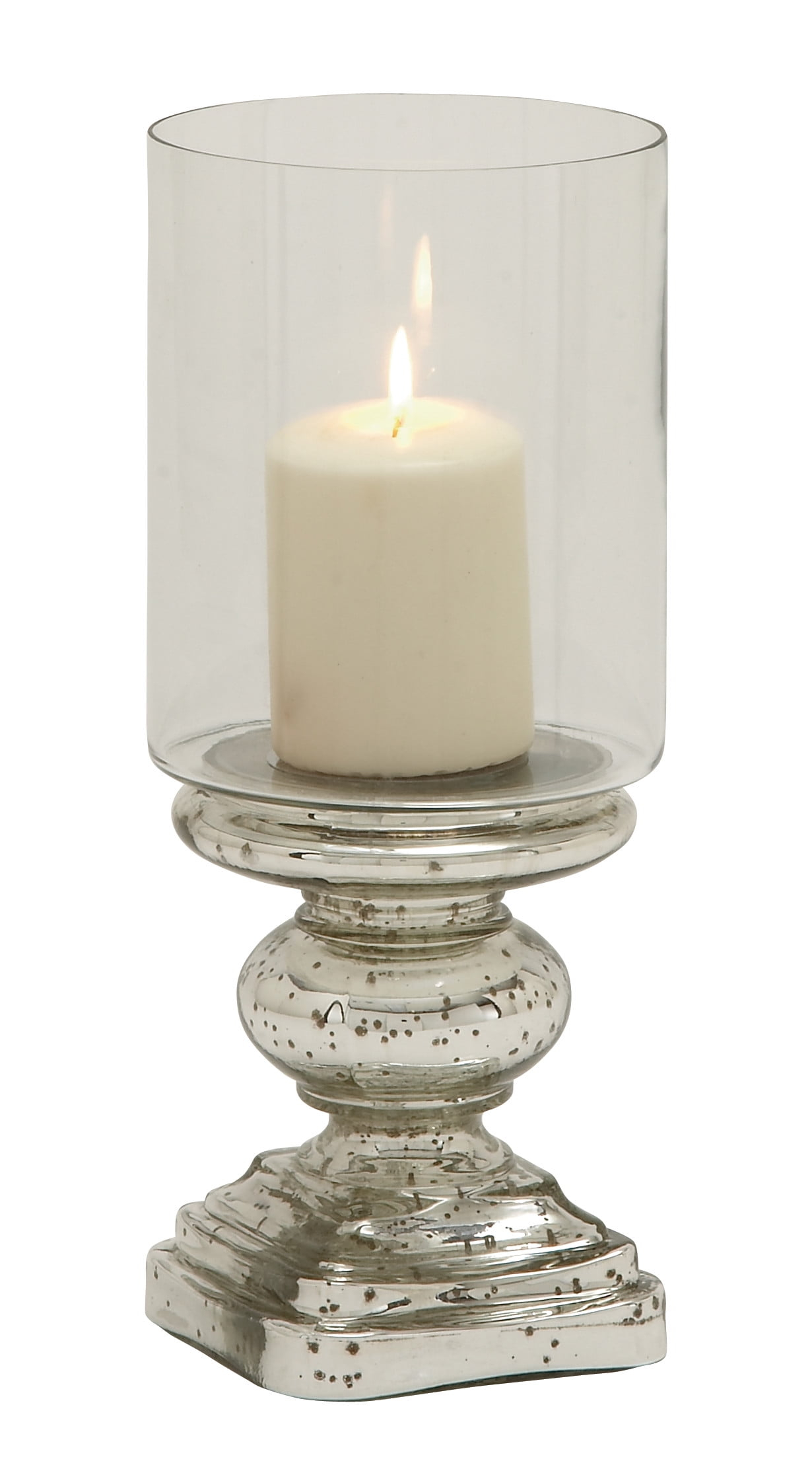 DecMode Silver Glass Handmade Turned Style Pillar Hurricane Lamp with Faux Mercury Glass Finish