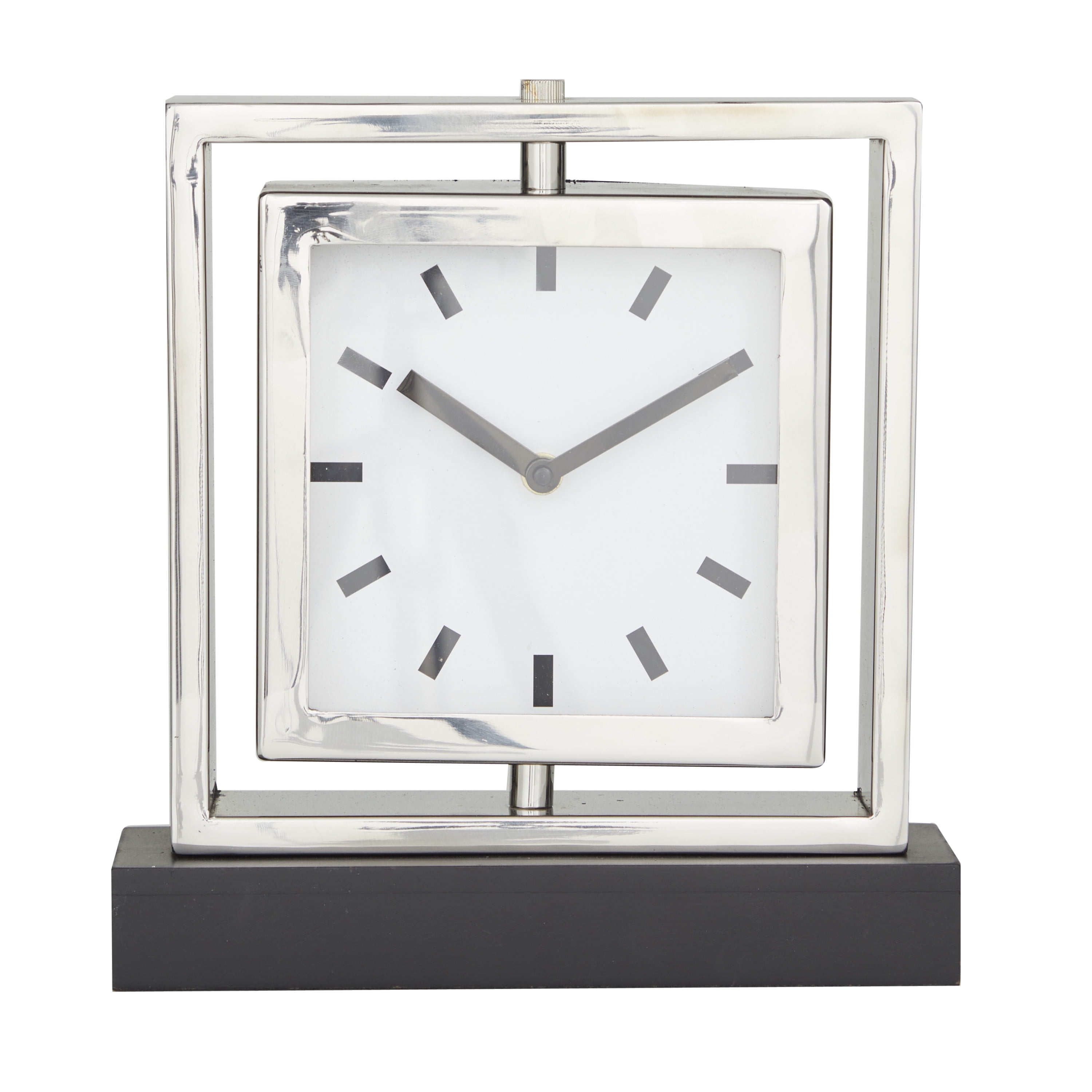 DecMode Stainless Steel Glam Square Table Clock 9"W x 10"H, with Silver Framed Structure, White Clock Face and Black Base