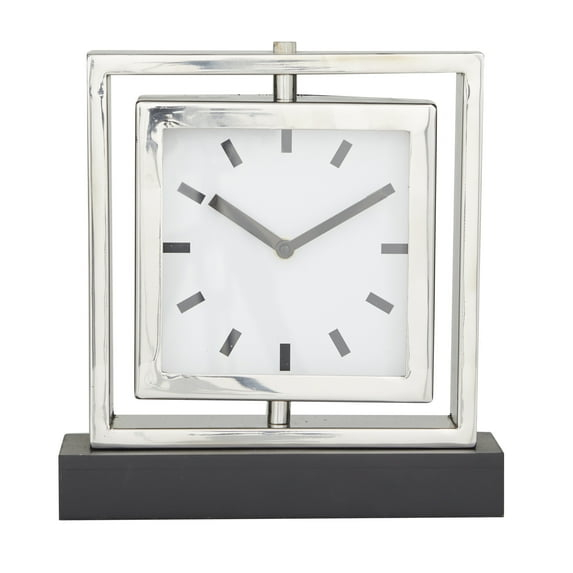 DecMode Stainless Steel Glam Square Table Clock 9"W x 10"H, with Silver Framed Structure, White Clock Face and Black Base