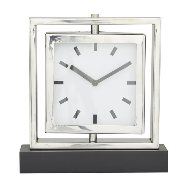 DecMode Stainless Steel Glam Square Table Clock 9"W x 10"H, with Silver Framed Structure, White Clock Face and Black Base