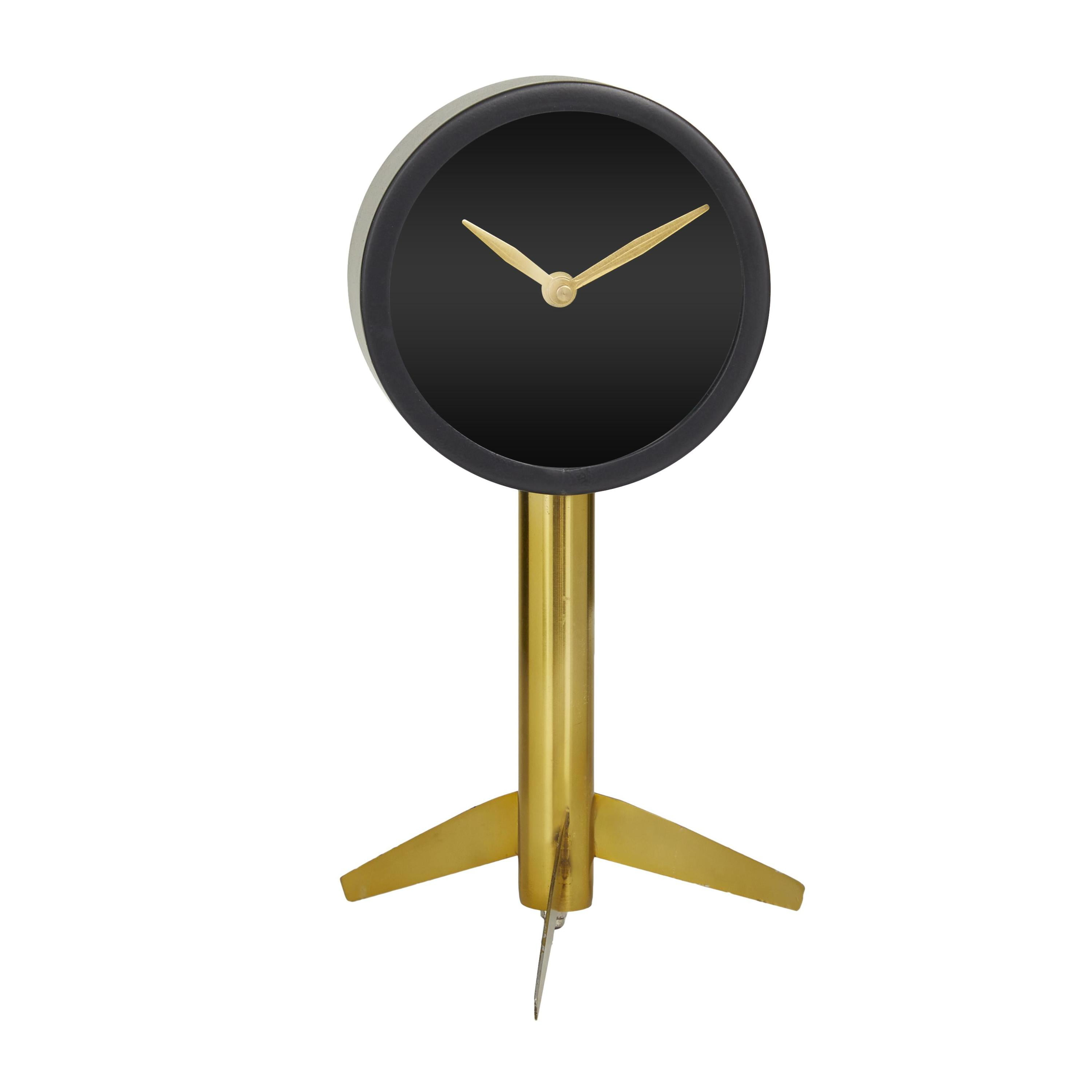 DecMode Stainless Steel Modern Classy Decorative Round Desk Clock 6"W x 11" H, with Matte Black and Metallic Gold Finish