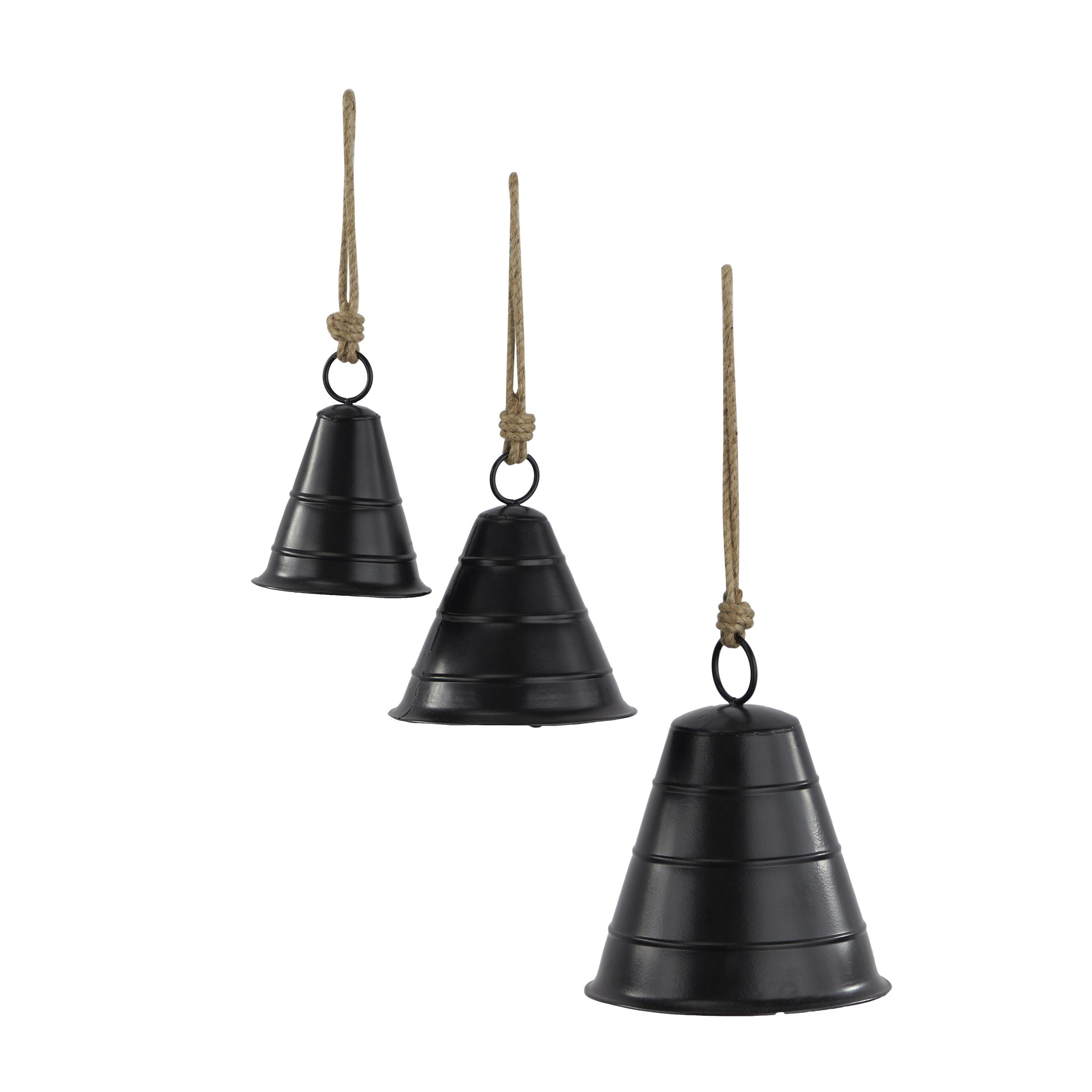 DecMode Tibetan Inspired Black Metal Wide Cone Decorative Cow Bells with Jute Hanging Rope, 3 Count