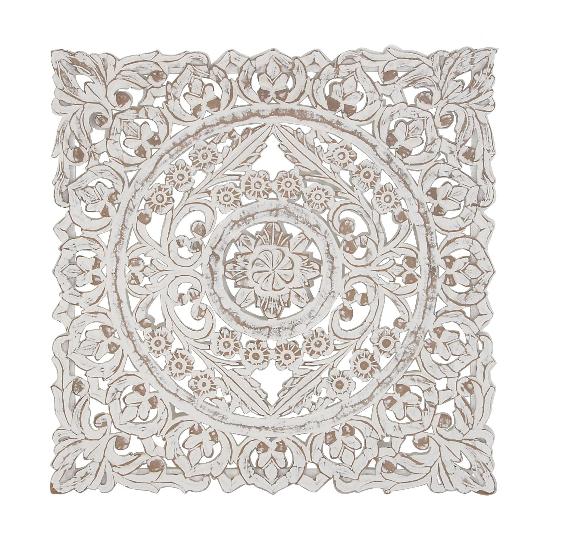 DecMode Traditional Wood Square White Handmade Wall Décor with Carved Mandala Design, 36"W x 36"H