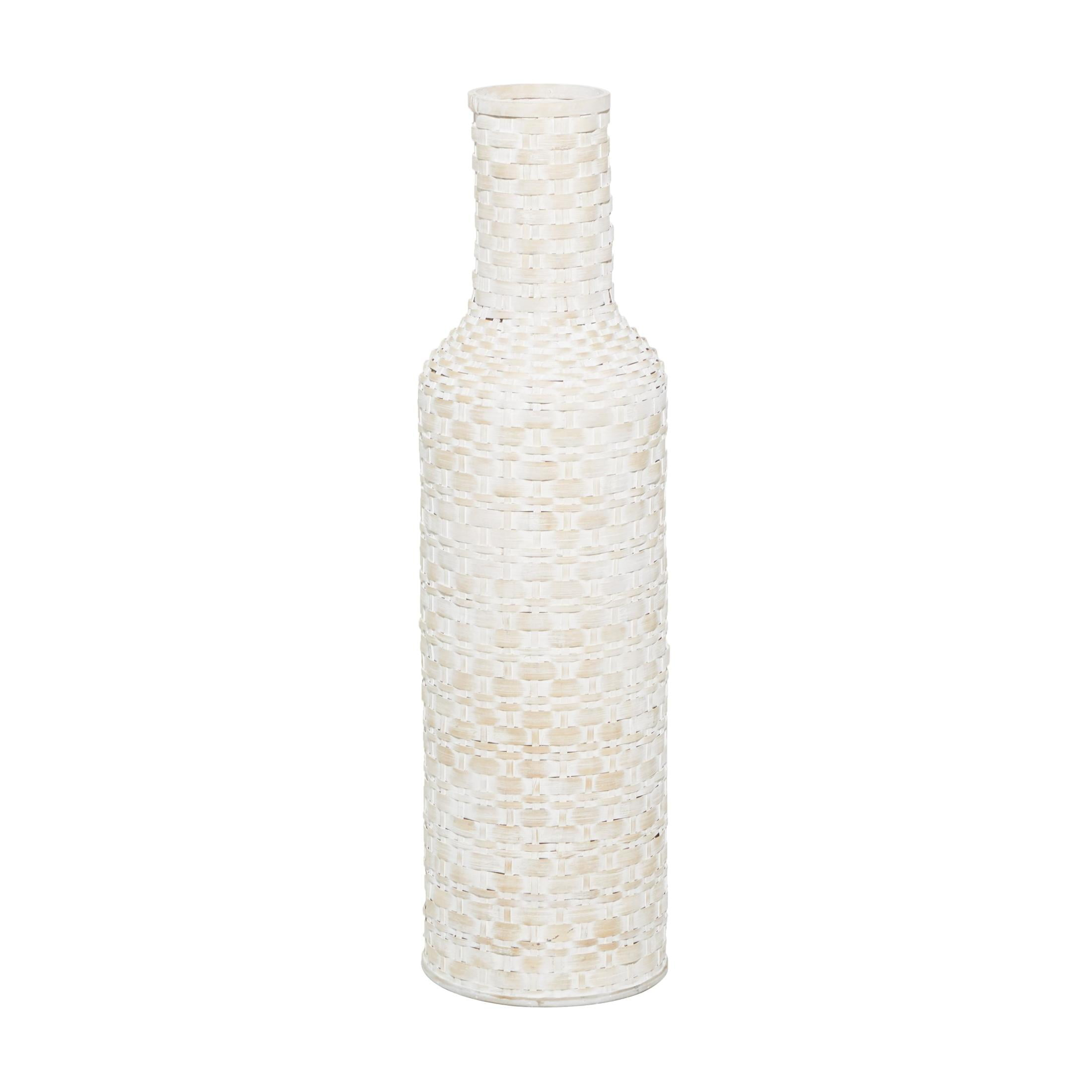 DecMode White  Bohemian Metal Vase with Distressed Weaving Pattern, 9" x 9" x 30", Features Neutral Woven Patterns