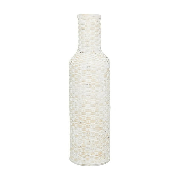 DecMode White  Bohemian Metal Vase with Distressed Weaving Pattern, 9" x 9" x 30", Features Neutral Woven Patterns