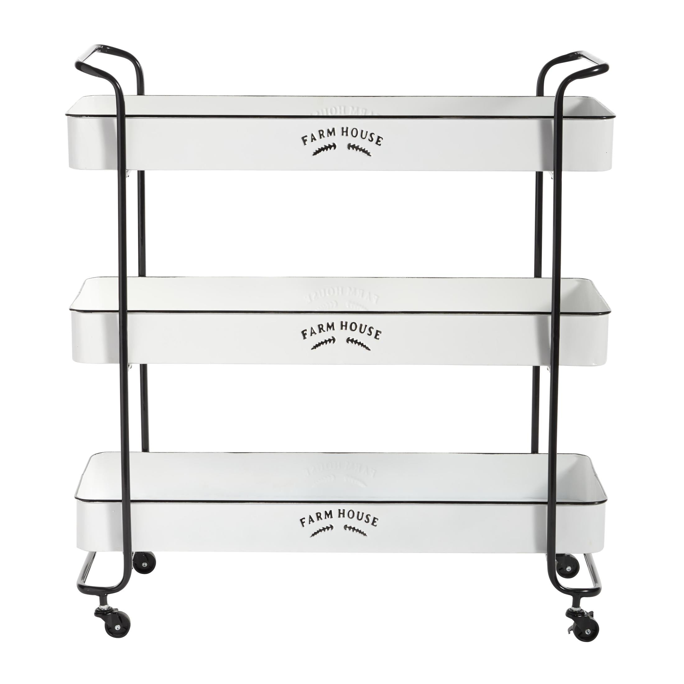 DecMode 32" x 35" White Metal Kitchen Rolling 3 Shelves Bar Cart with Black Accents and Farm House Design, 1-Piece