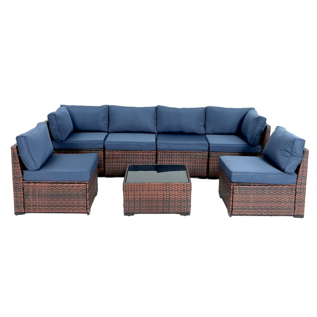 Decksplore 7 Piece Outdoor Furniture Set, 7 Pieces Outdoor Rattan Sectional Sofa Set with Glass Table and Cushions, Wicker Patio Conversation Set for Outdoor Indoor Backyard Lawn Garden Porch Blue