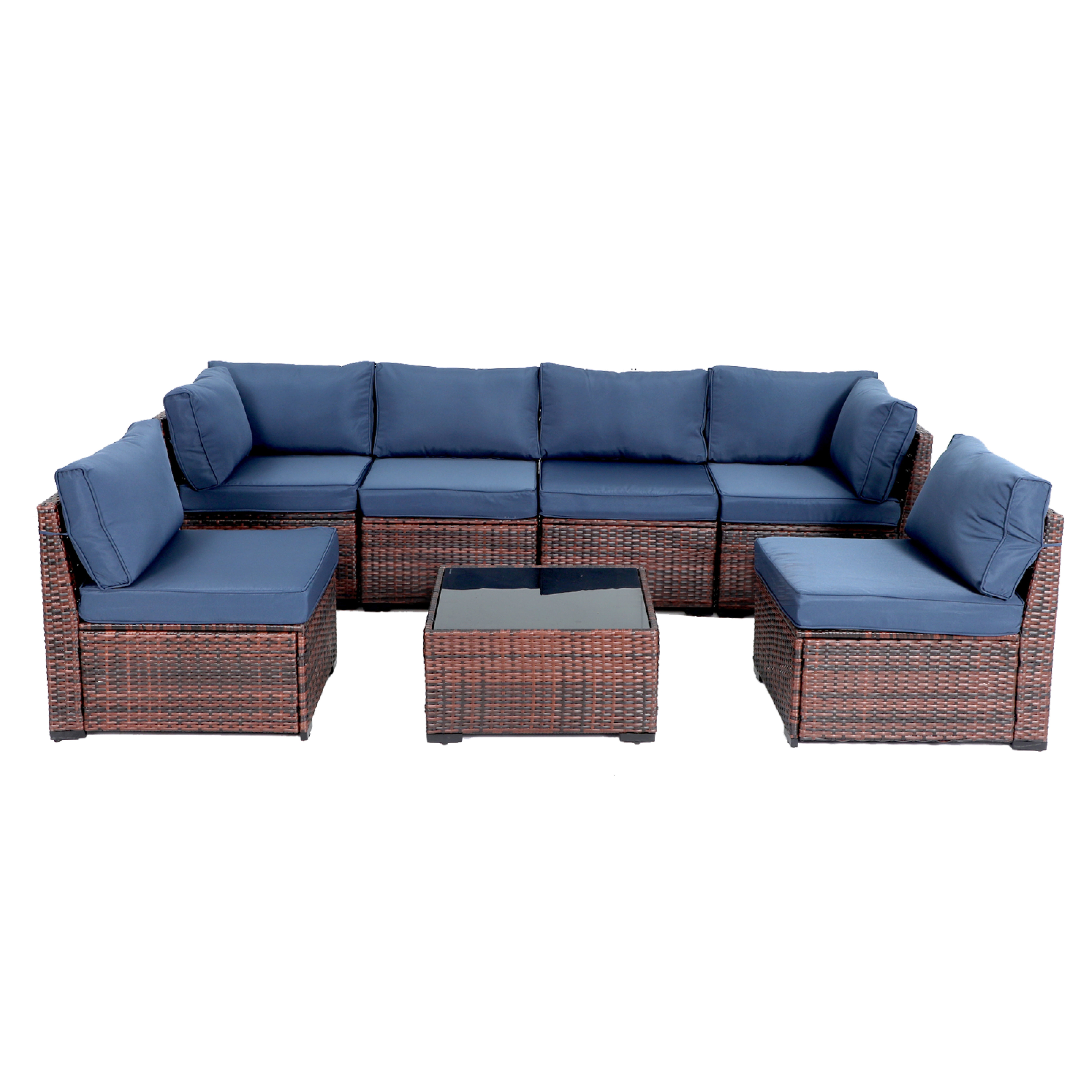 Decksplore 7 Piece Outdoor Furniture Set, 7 Pieces Outdoor Rattan Sectional Sofa Set with Glass Table and Cushions, Wicker Patio Conversation Set for Outdoor Indoor Backyard Lawn Garden Porch Blue