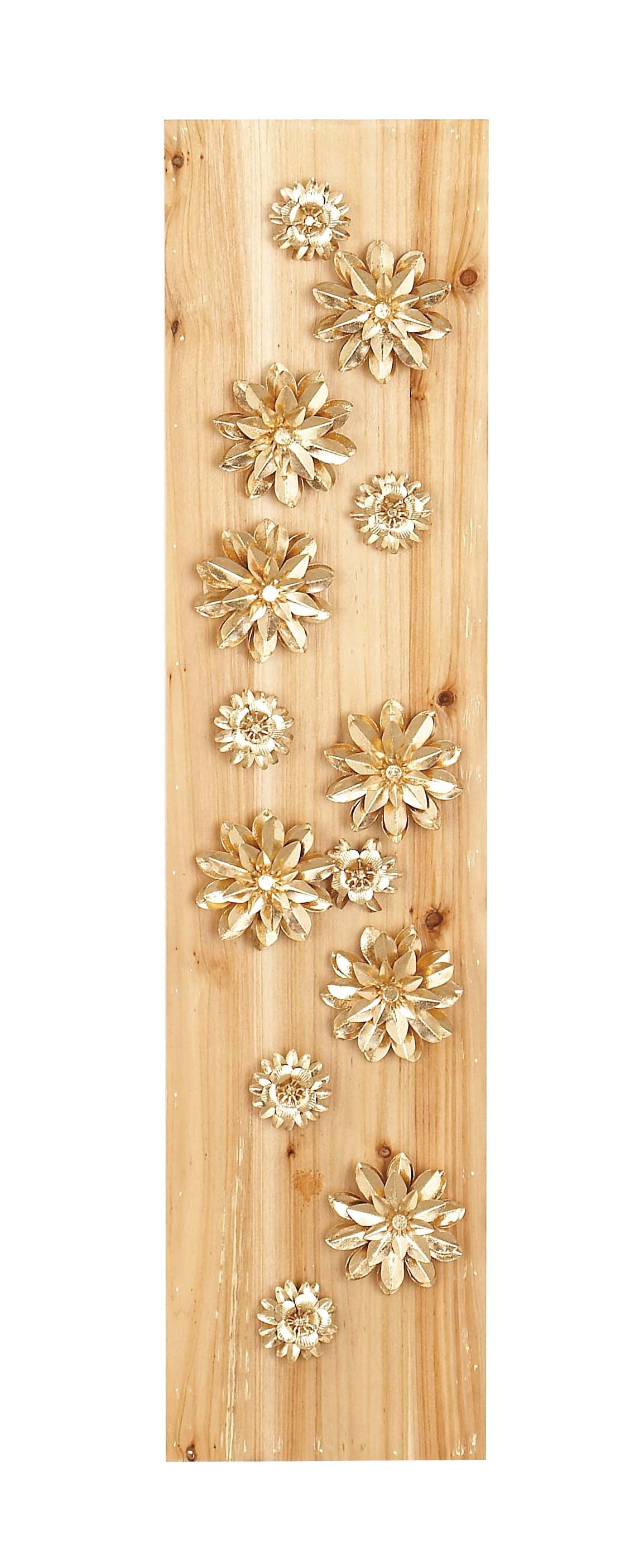 Decmode 39 X 9 Inch Natural Wood And Metal Light Gold Petaled Flowers Rectangular Wall Decor, Metallic, Natural Wood