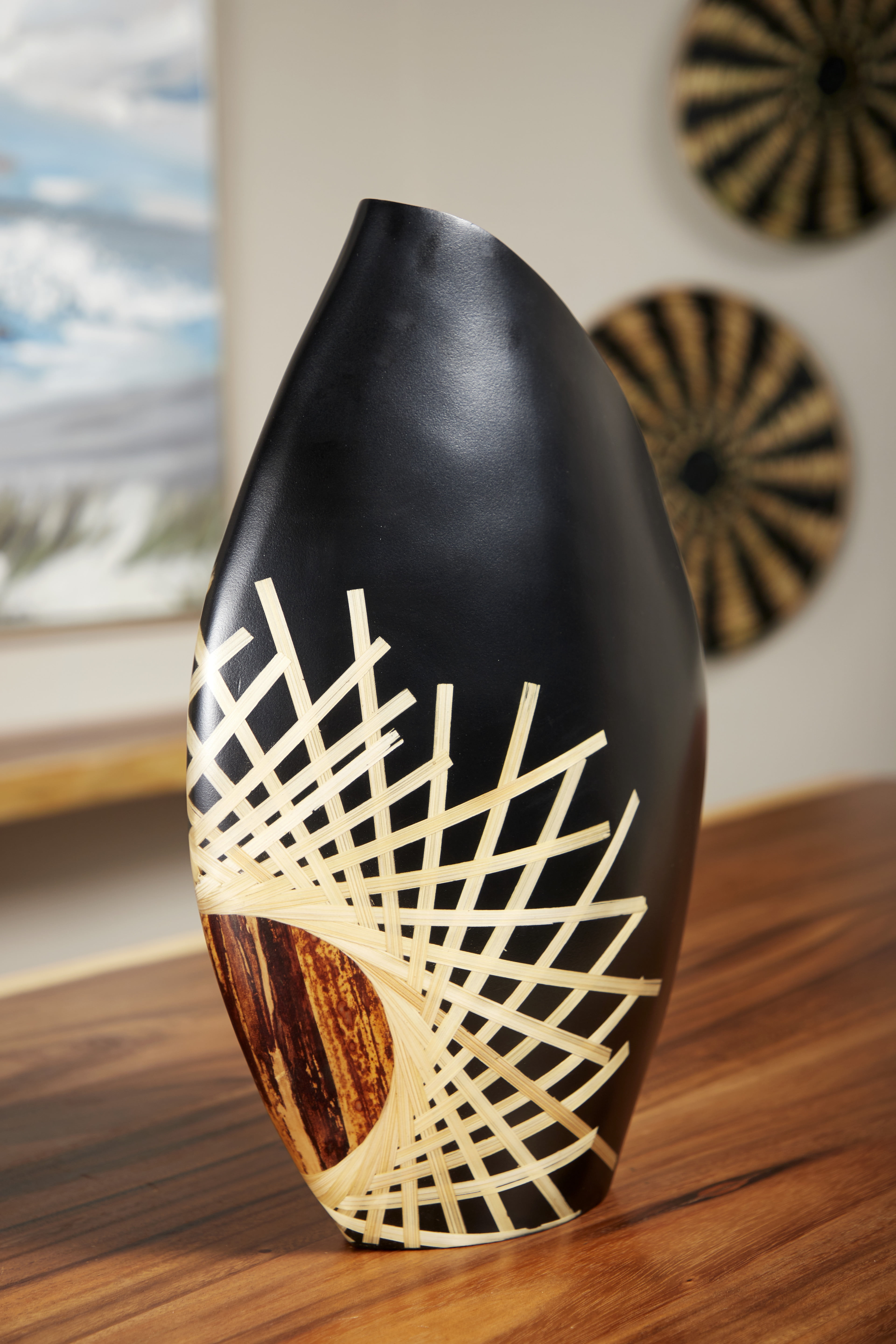 Decmode - Large Black Glazed & Bamboo Inlay Banana Wood Vase w/ Exposed Bark Detail, 11.5” x 18”