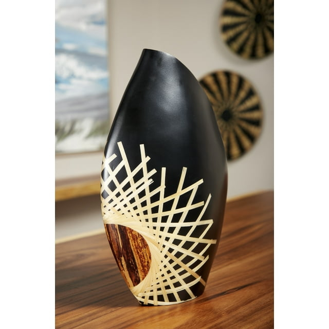Decmode - Large Black Glazed & Bamboo Inlay Banana Wood Vase w/ Exposed Bark Detail, 11.5” x 18”