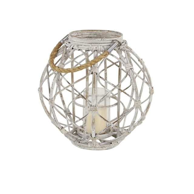 Decmode Large Round Woven Rattan White Lantern with Burlap Jute Rope Handle and Glass Insert, 15” x 15”