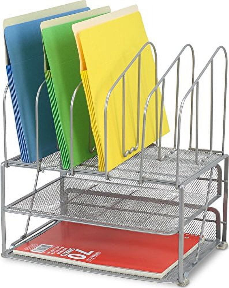 DecoBros Mesh Desk Organizer with Double Tray and 5 Upright Sections, Sliver