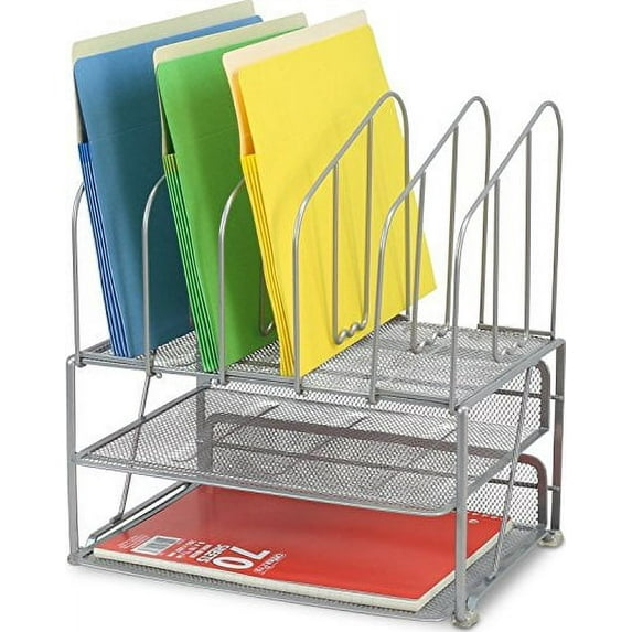 DecoBros Mesh Desk Organizer with Double Tray and 5 Upright Sections, Sliver