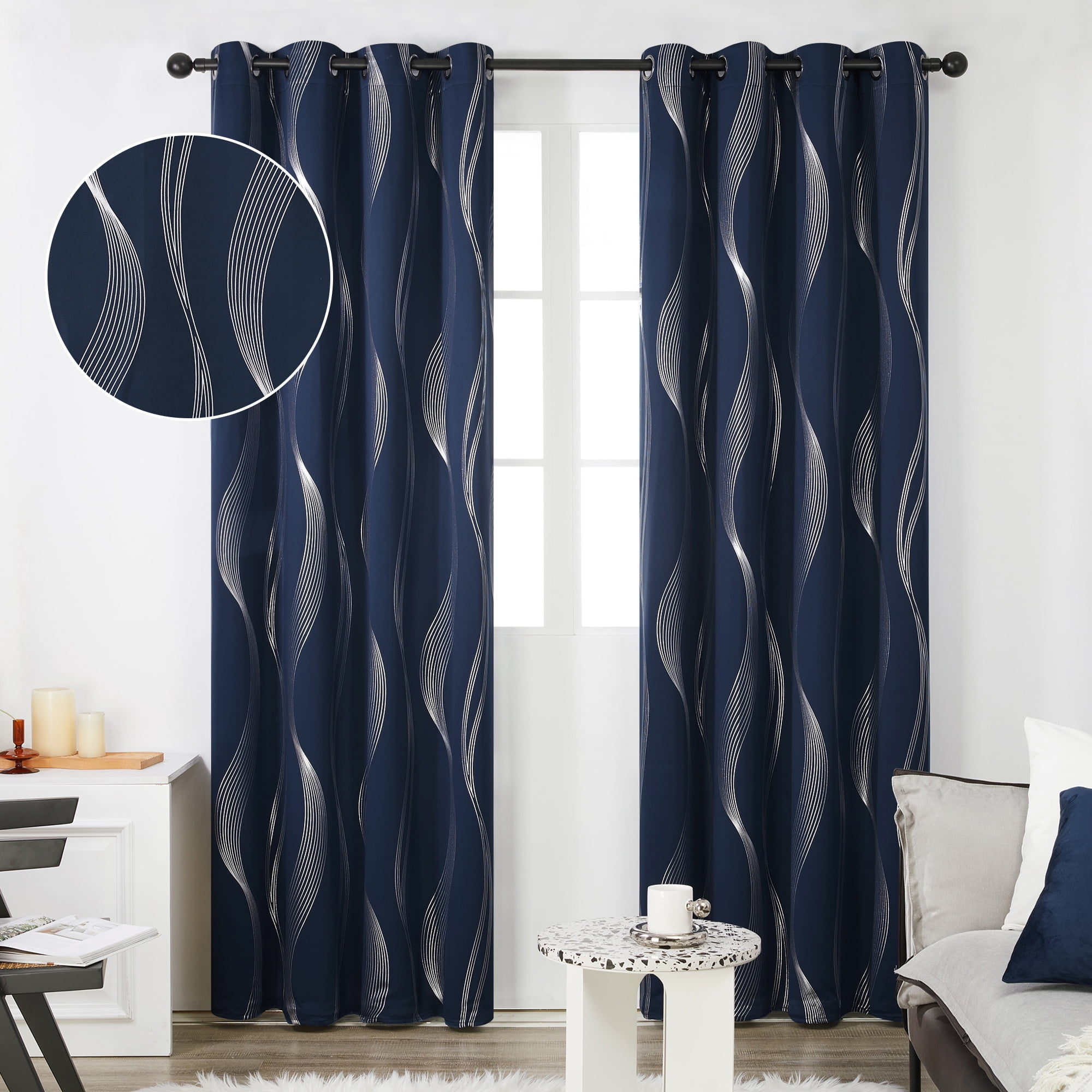 Deconovo Grommet Wave Line Foil Printed Thermal Insulated Blackout Curtains for Children 2 Panels 52x84 inch Navy Blue
