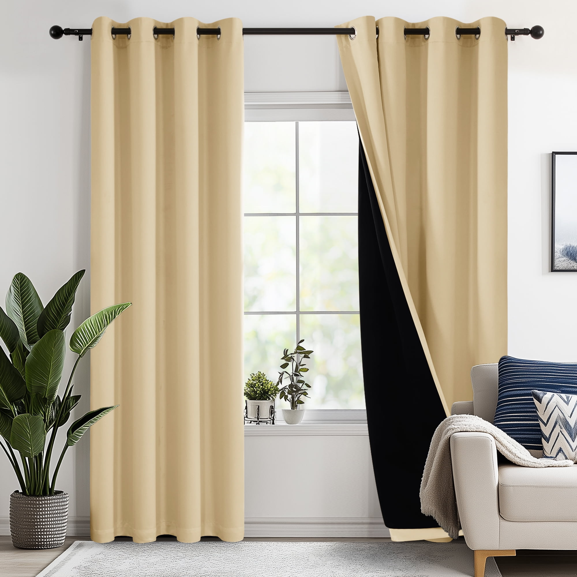 Deconovo Total Blackout Curtains for Living Room, Thermal Insulated, 2 Panels, 52"x63", Burlywood