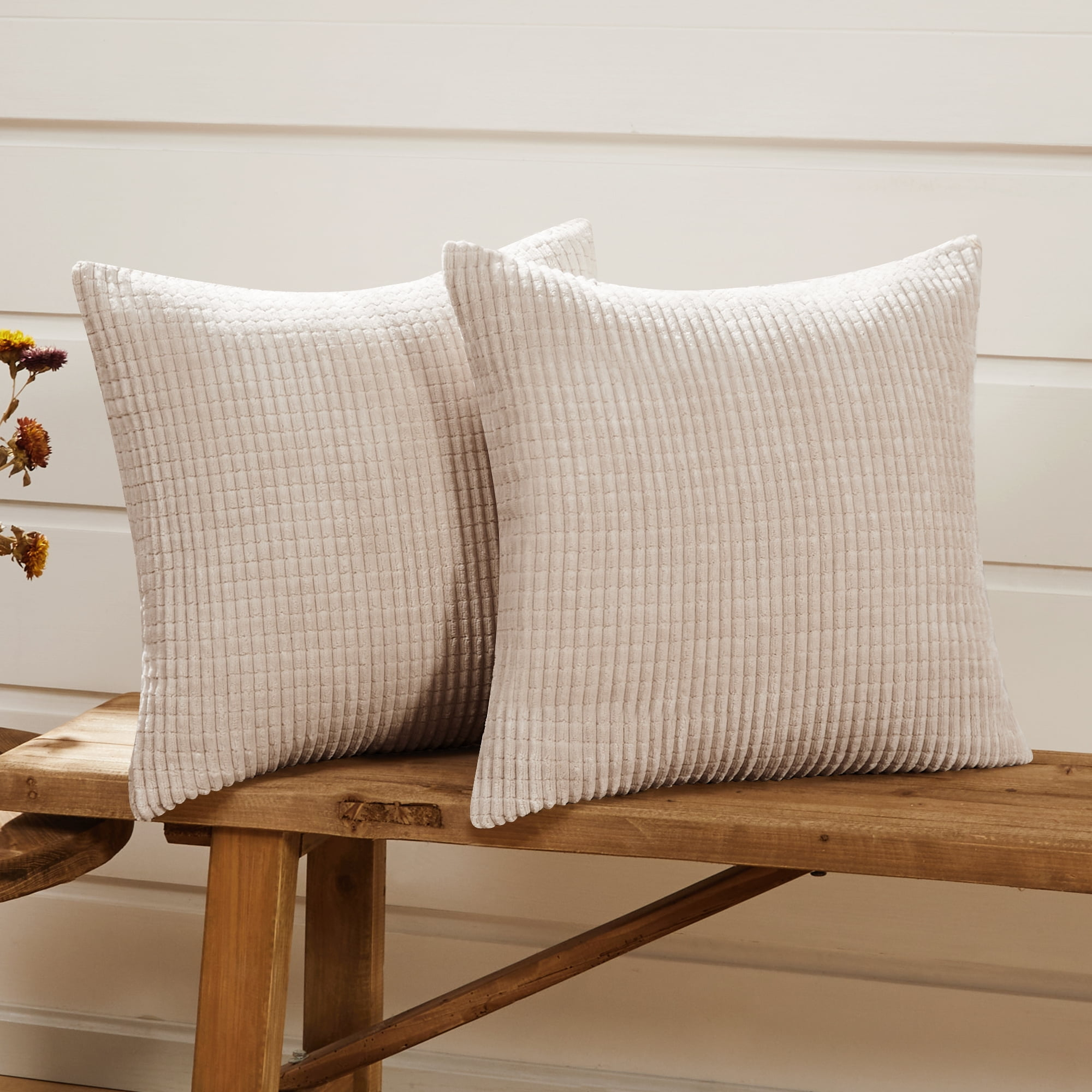 Deconovo Decorative Throw Pillow Covers with Stripes, 22x22 inch, Solid Color Corduroy Cushion Covers for Bedroom, 22x22 in, Cream, Set of 2