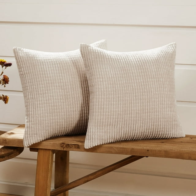 Deconovo Decorative Throw Pillow Covers with Stripes, 22x22 inch, Solid Color Corduroy Cushion Covers for Bedroom, 22x22 in, Cream, Set of 2