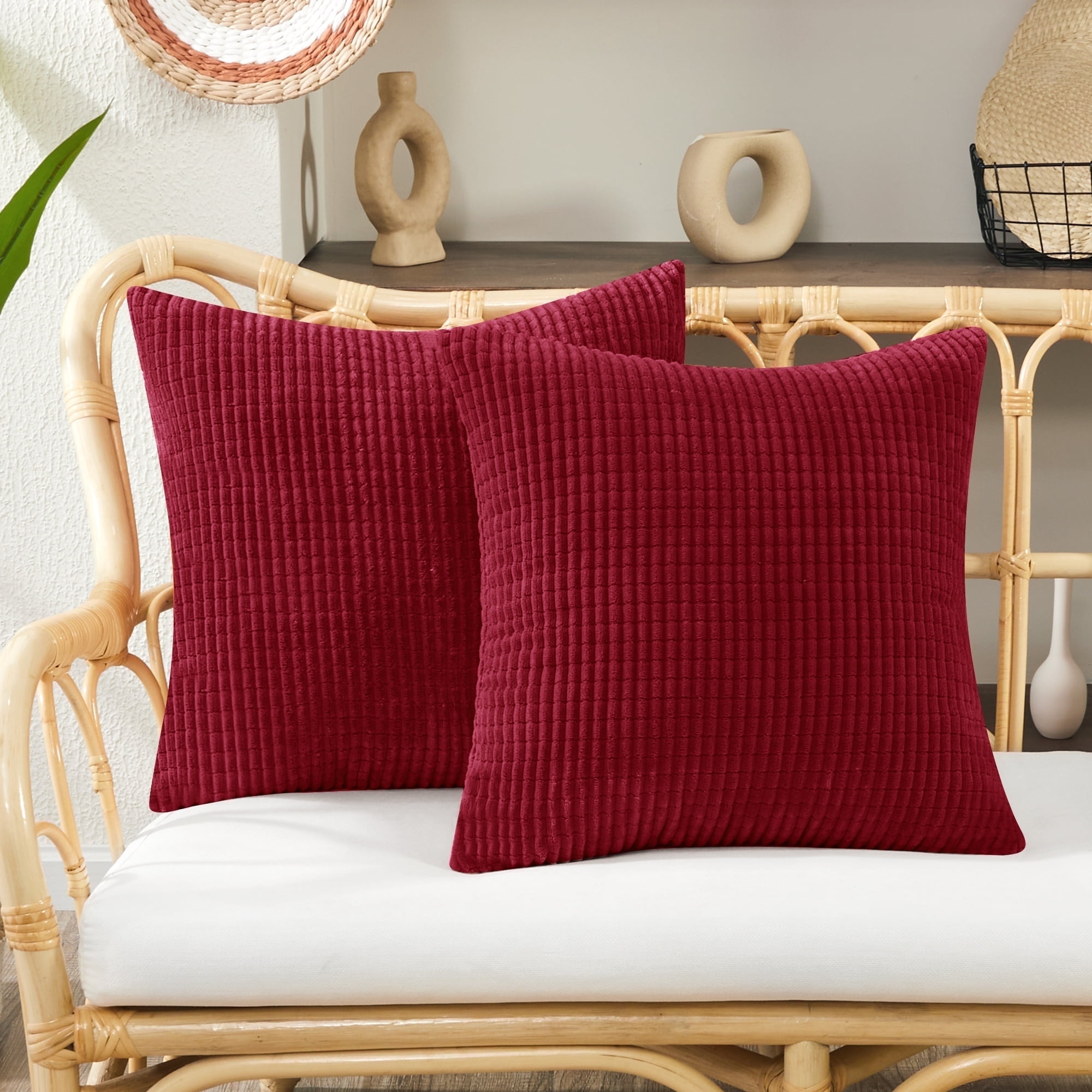 Deconovo Holiday Decorative Throw Pillow Covers with Stripes, 22x22 inch, Solid Color Corduroy Cushion Covers for Bedroom, 22x22 in, Wine Red, Set of 2