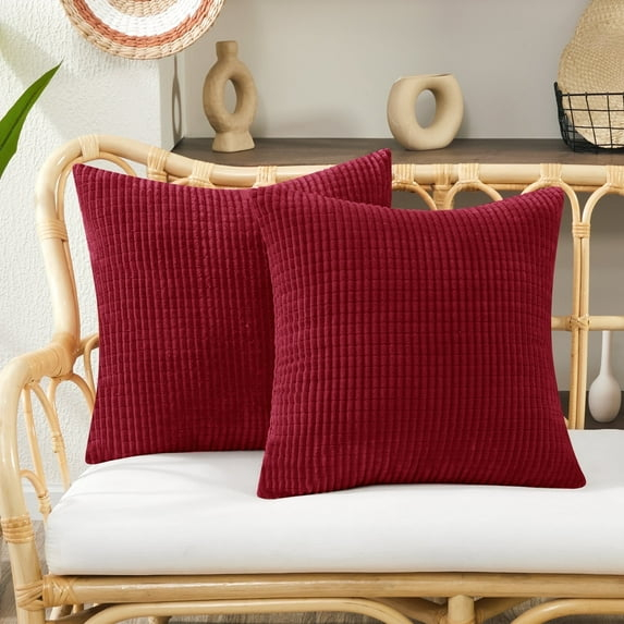 Deconovo Holiday Decorative Throw Pillow Covers with Stripes, 22x22 inch, Solid Color Corduroy Cushion Covers for Bedroom, 22x22 in, Wine Red, Set of 2