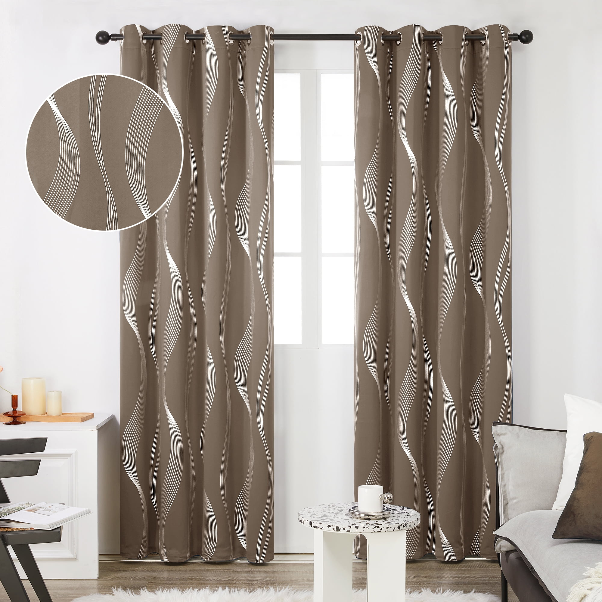 Deconovo Thermal Insulated Blackout Curtains for Living Room, 84 inch Long - Energy Efficient Curtains with Wave Lines Design (52 x 84 inch, Khaki, 2 Panels)