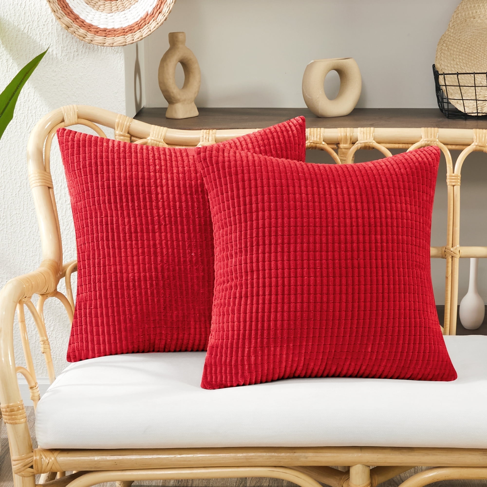 Deconovo Throw Pillow Covers with Corn Texture, Set of 2 Striped Corduroy Cushion Covers for Bedroom Living Room, 16x16 inch, Bright Red, Set of 2